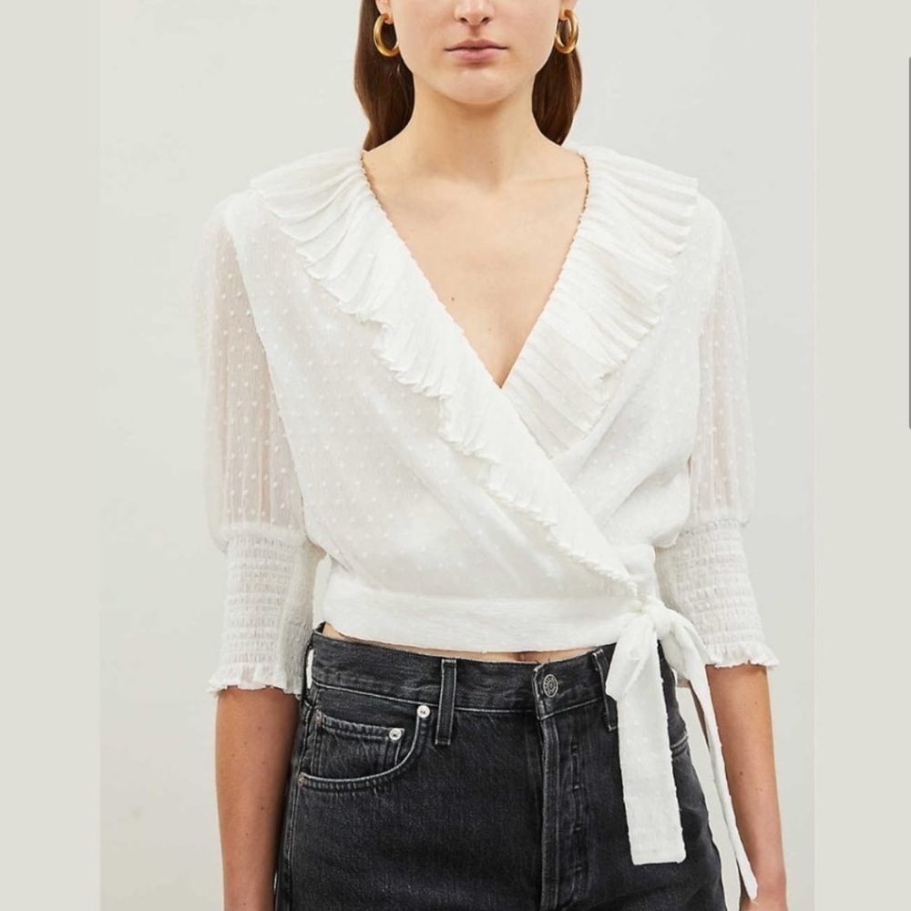 MWT Maje Plumeti Cropped White Wrap Ruffle V-neck Wrap Blouse Size 2 NEW - Picture 2 of 15